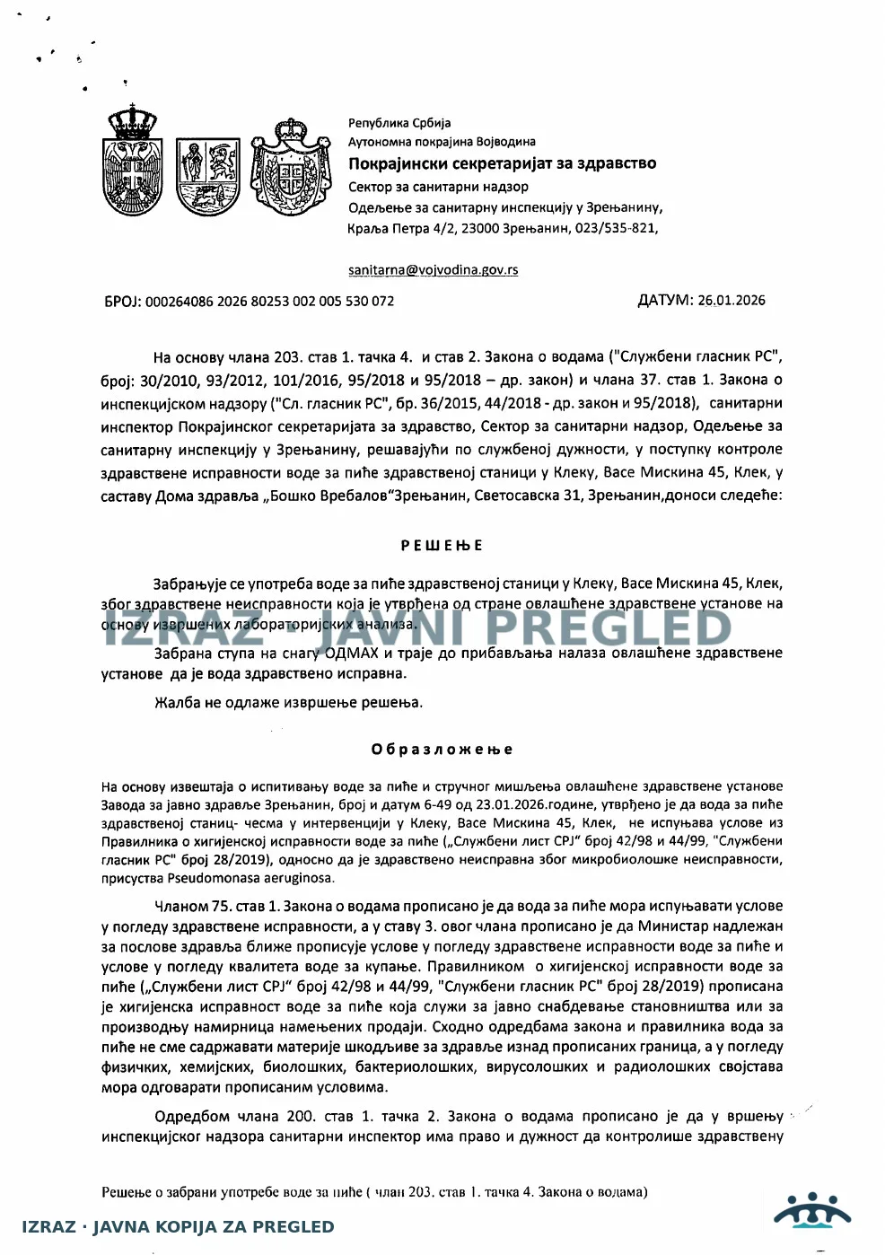 Zabrana vode za piće-Zdravstvena stanica KLEK-Pseudomonas aeruginosa 26.01.2026, strana 2