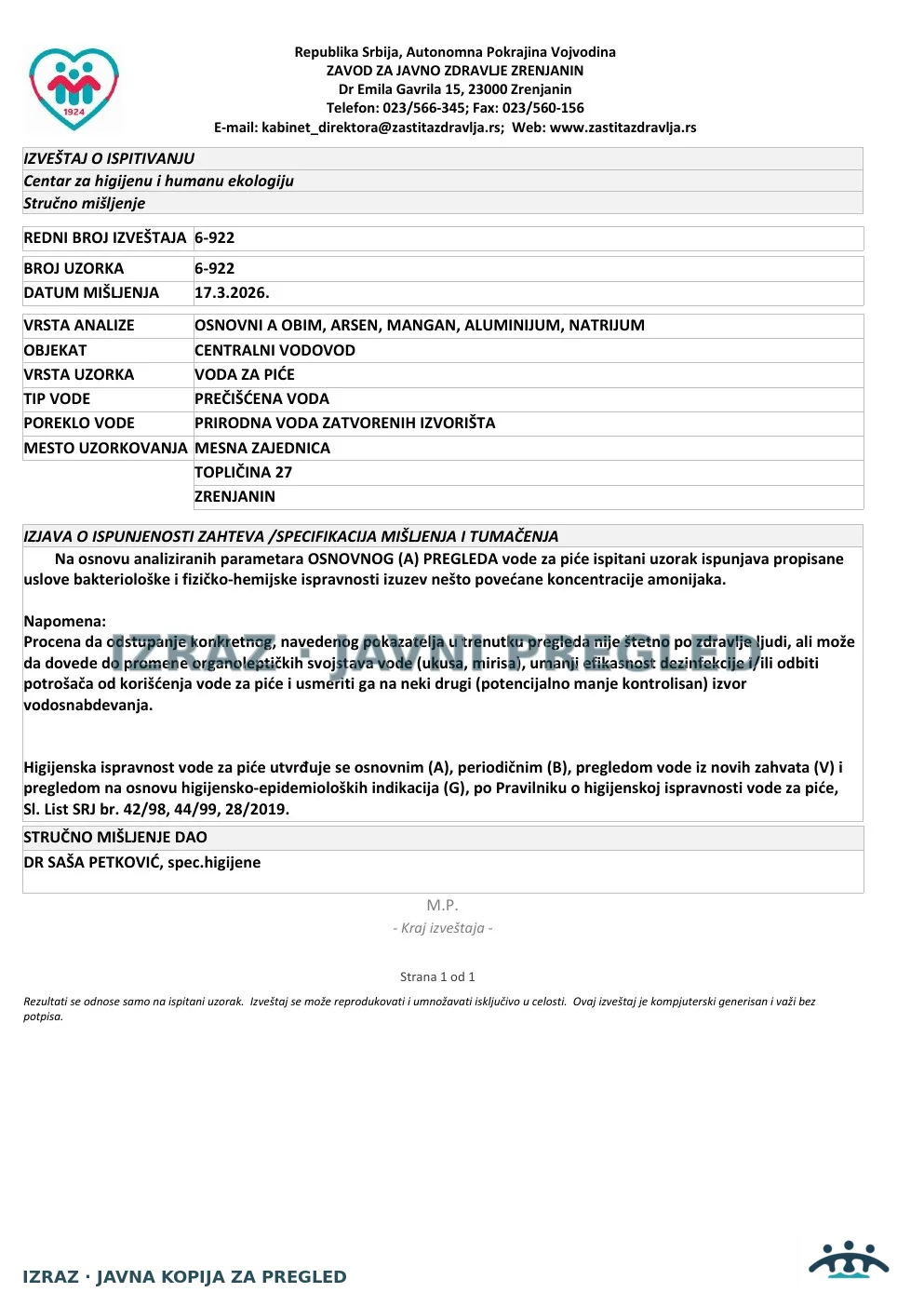 6-922 · MZ Šumica, Topličina 27 · uzorak 10.03.2026. · Izveštaj i mišljenje, strana 5