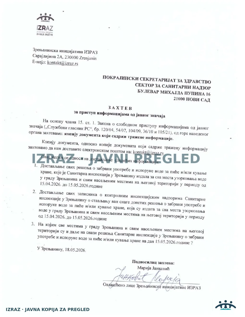 IZRAZ-Zahtev za informacijom Sanitarnoj inspekciji 18.05.2026, strana 1