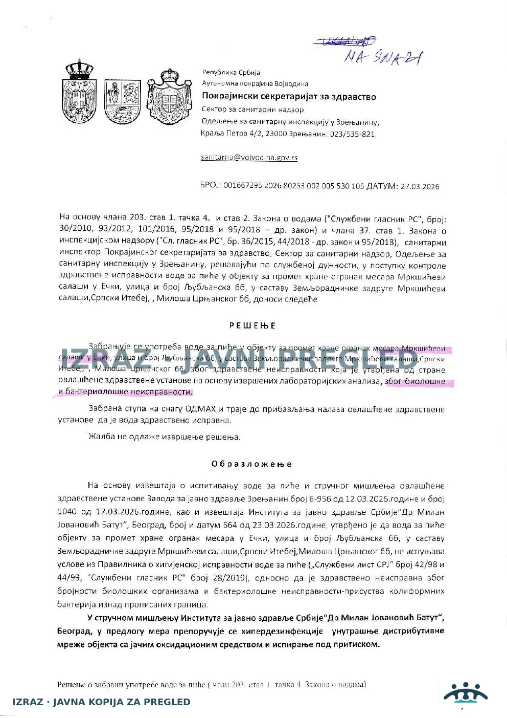 Zabrana vode za piće-Mrksicevi salasi ECKA-KOLIFORMNE BAKTERIJE-NA SNAZI 11.05.2026, strana 1