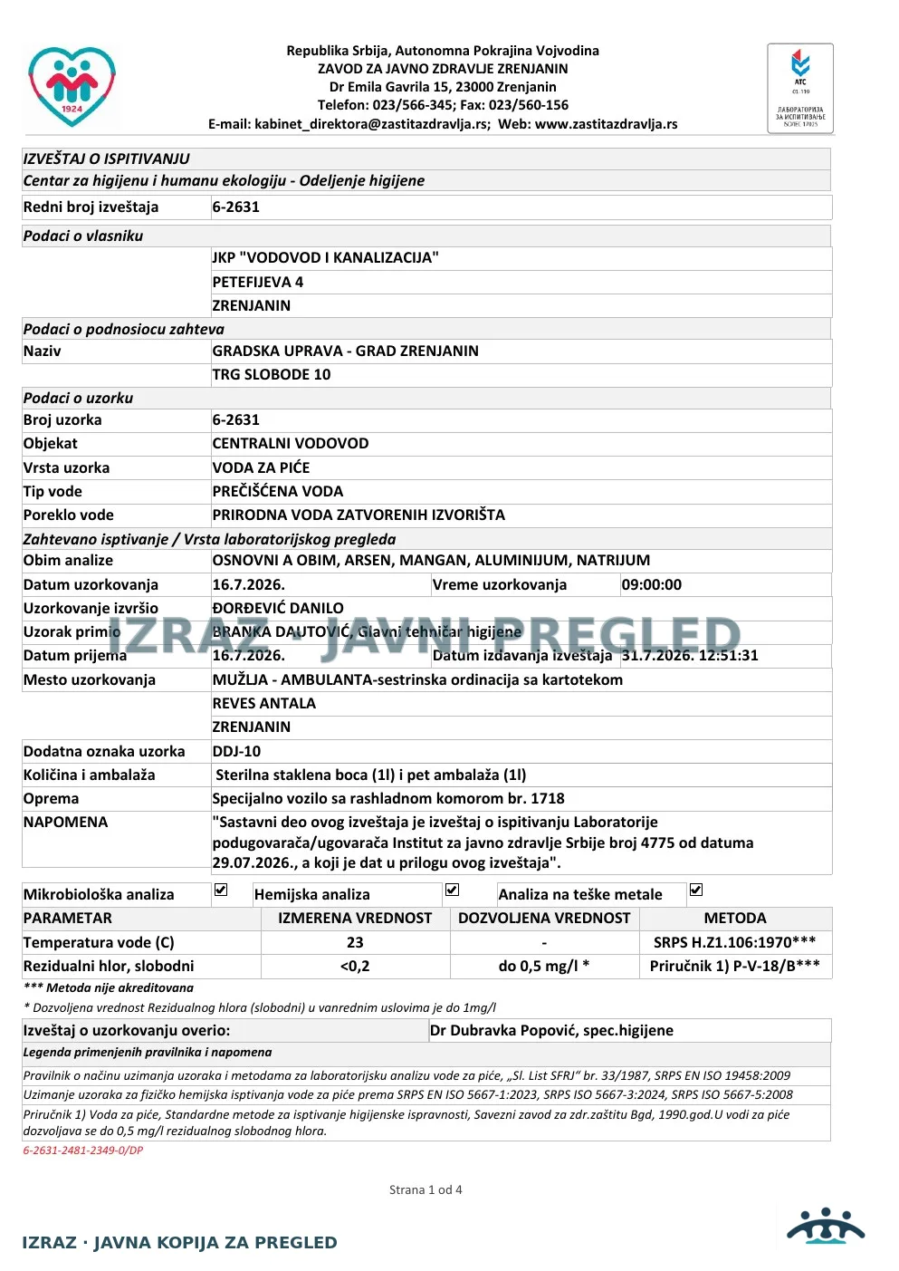 6-2631 · Ambulanta Mužlja — sestrinska ordinacija sa kartotekom, Reveš Antala · uzorak 16.07.2026. · Izveštaj i mišljenje, strana 1