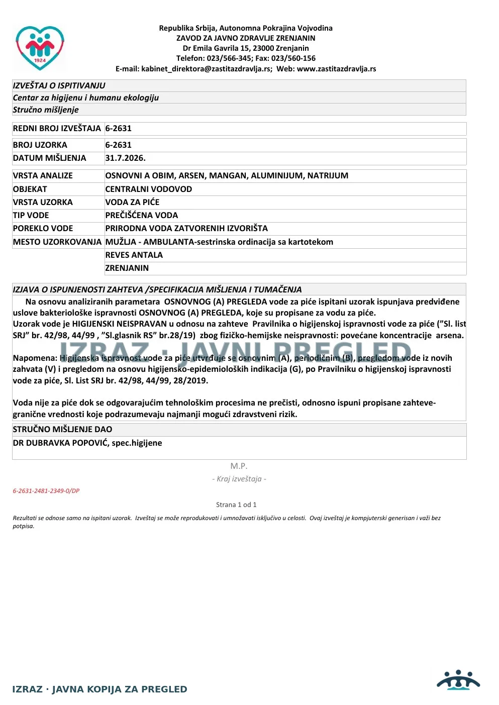 6-2631 · Ambulanta Mužlja — sestrinska ordinacija sa kartotekom, Reveš Antala · uzorak 16.07.2026. · Izveštaj i mišljenje, strana 5