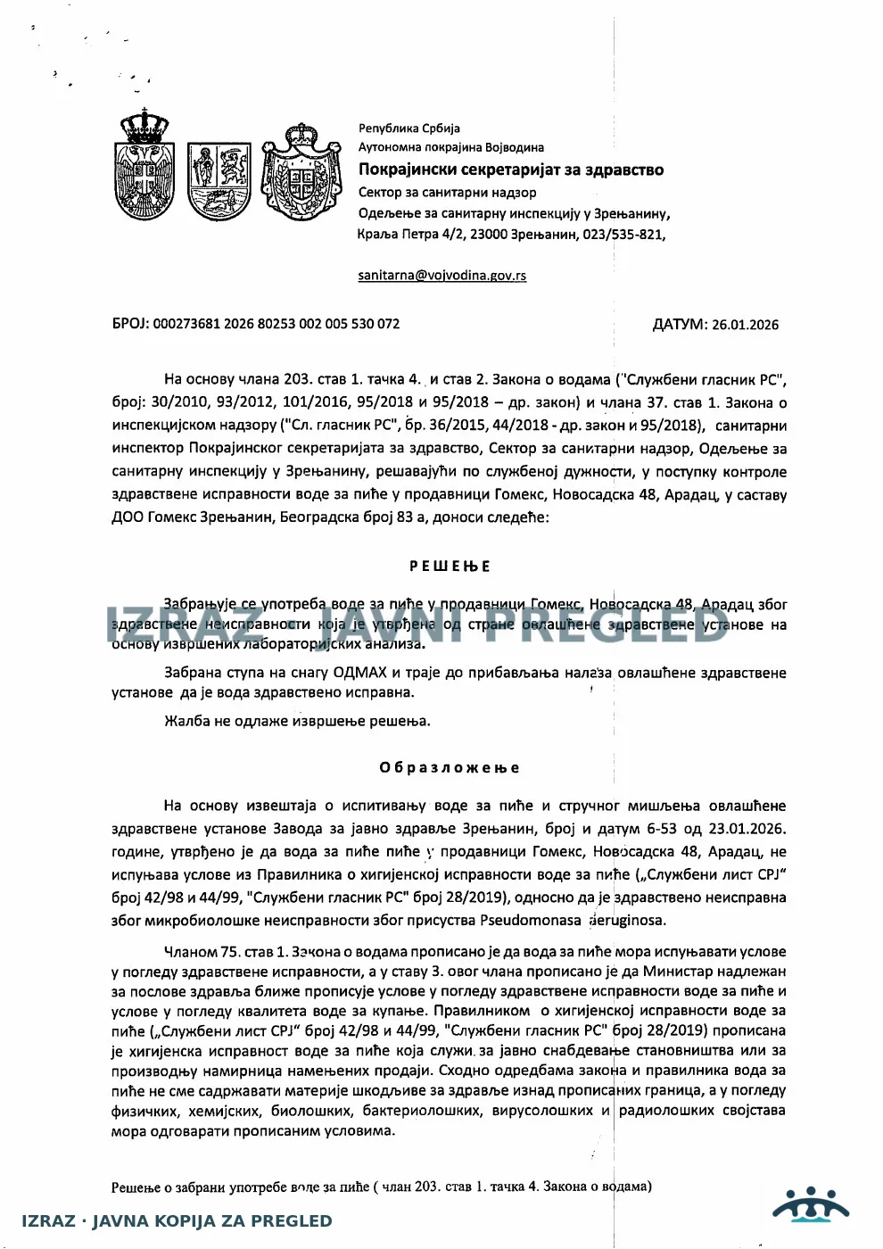 Zabrana vode za piće-Prodavnica Gomex ARADAC-Pseudomonas aeruginosa 26.01.2026, strana 1