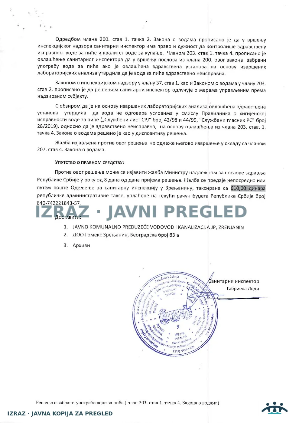 Zabrana vode za piće-Prodavnica Gomex ARADAC-Pseudomonas aeruginosa 26.01.2026, strana 2