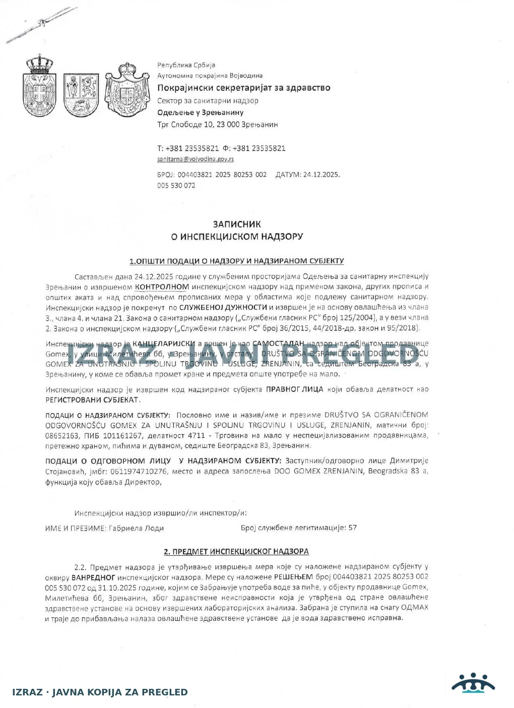 Zabrana vode za piće-Gomex Mileticeva bb-Kontrolni inspekcijski nadzor-24.12.2025, strana 1