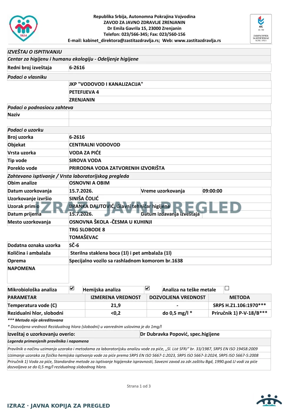 6-2616 · Tomaševac, Osnovna škola — česma u kuhinji, Trg slobode 8 · uzorak 15.07.2026. · Izveštaj i mišljenje, strana 1