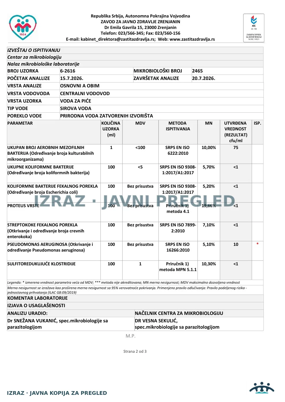 6-2616 · Tomaševac, Osnovna škola — česma u kuhinji, Trg slobode 8 · uzorak 15.07.2026. · Izveštaj i mišljenje, strana 2