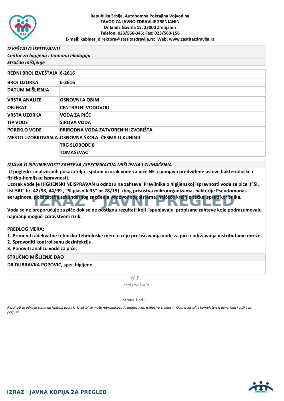 6-2616 · Tomaševac, Osnovna škola — česma u kuhinji, Trg slobode 8 · uzorak 15.07.2026. · Izveštaj i mišljenje, strana 4
