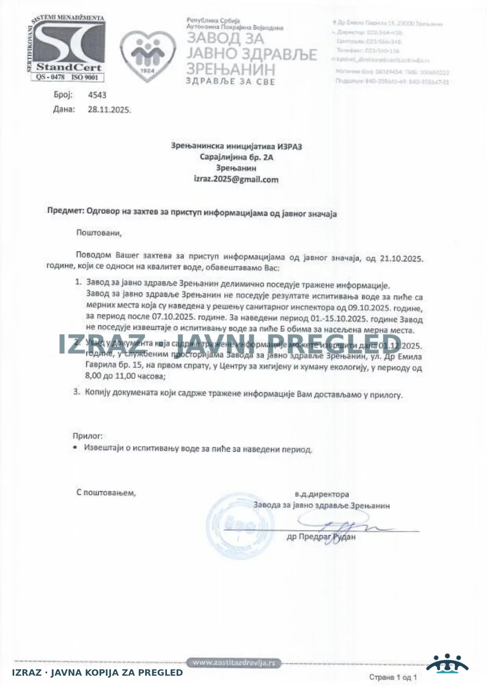 IZRAZ-Informacija od javnog znacaja-Rezultati vode-ZZJZ 21.10-ODGOVOR 28.11.2025, strana 1