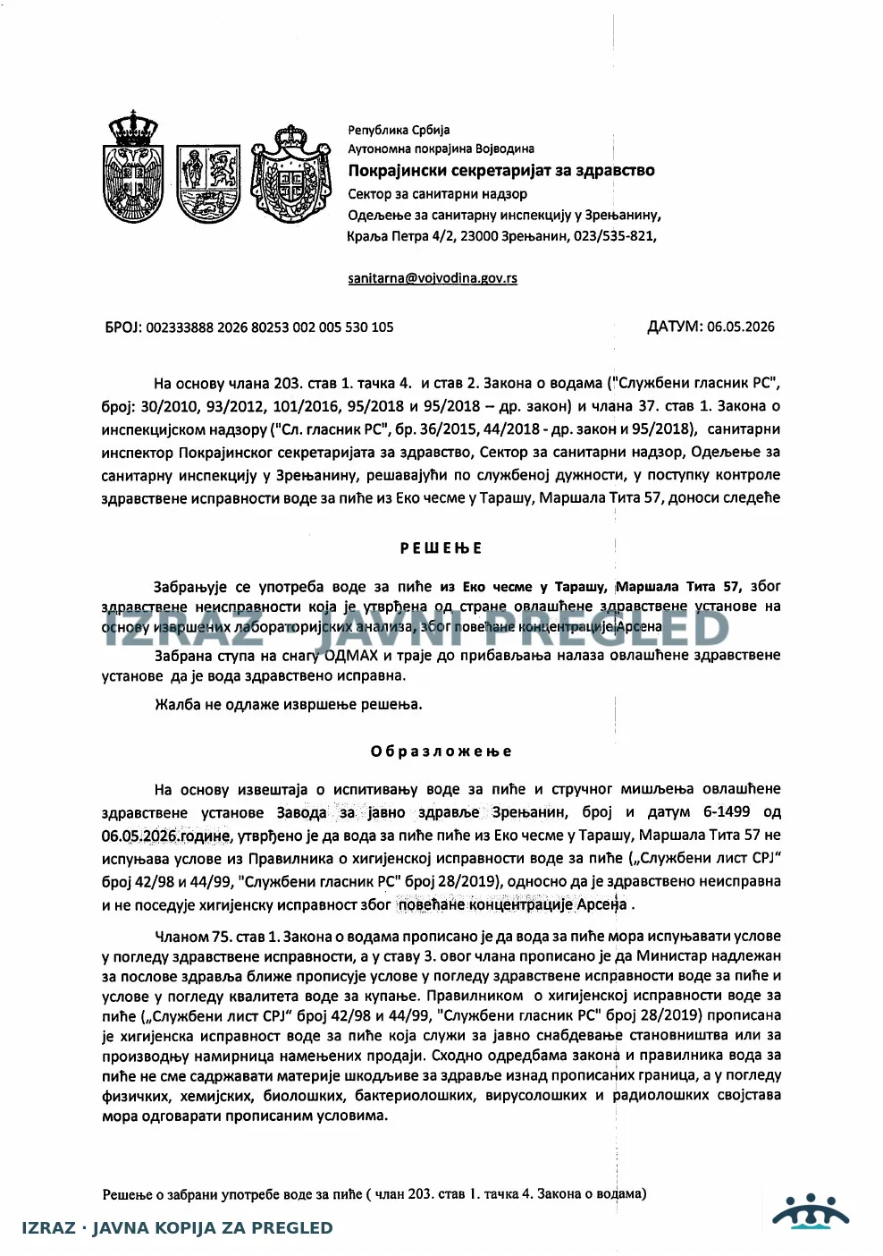 Zabrana vode za piće-EKO česma TARAS-Arsen 06.05.2026 VAN SNAGE 09.06.2026, strana 1