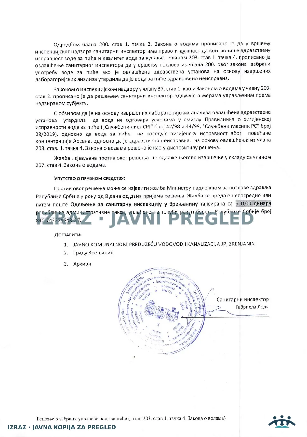 Zabrana vode za piće-EKO česma TARAS-Arsen 06.05.2026 VAN SNAGE 09.06.2026, strana 2