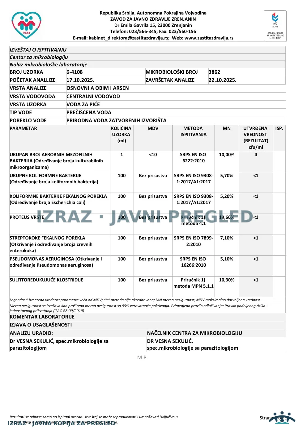 Izveštaj ZZJZ br. 4108 — Aradac: EKO ČESMA (17.10.2025.) — ispravan, strana 2