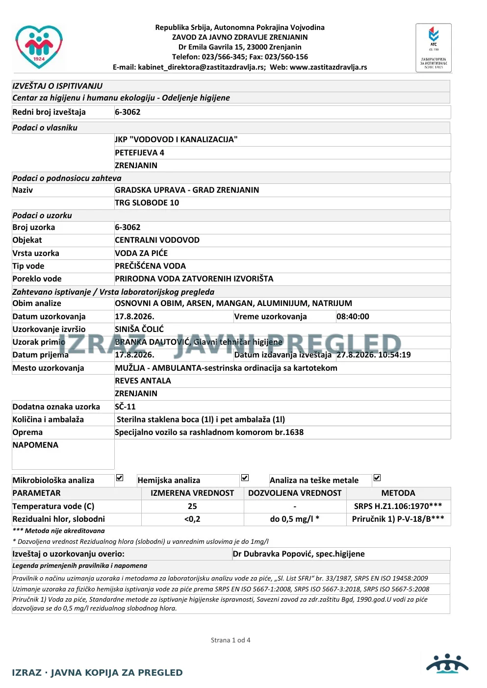 6-3062 · Ambulanta Mužlja — sestrinska ordinacija sa kartotekom, Reveš Antala · uzorak 17.08.2026. · Izveštaj i mišljenje, strana 1
