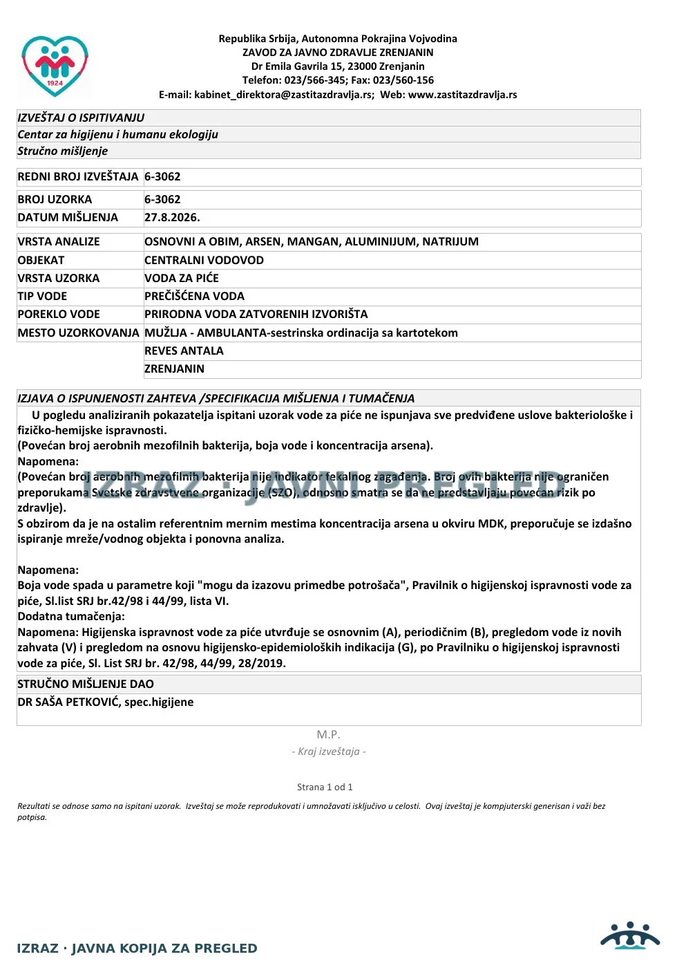 6-3062 · Ambulanta Mužlja — sestrinska ordinacija sa kartotekom, Reveš Antala · uzorak 17.08.2026. · Izveštaj i mišljenje, strana 5