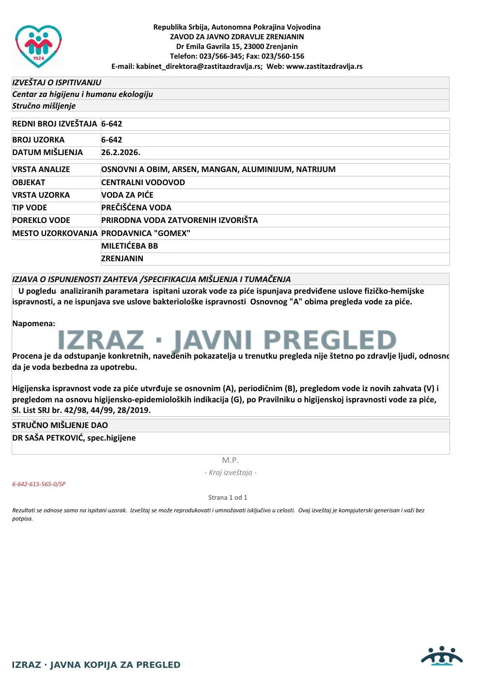 6-642 · Gomex, Miletićeva bb · uzorak 20.02.2026. · Izveštaj i mišljenje, strana 5