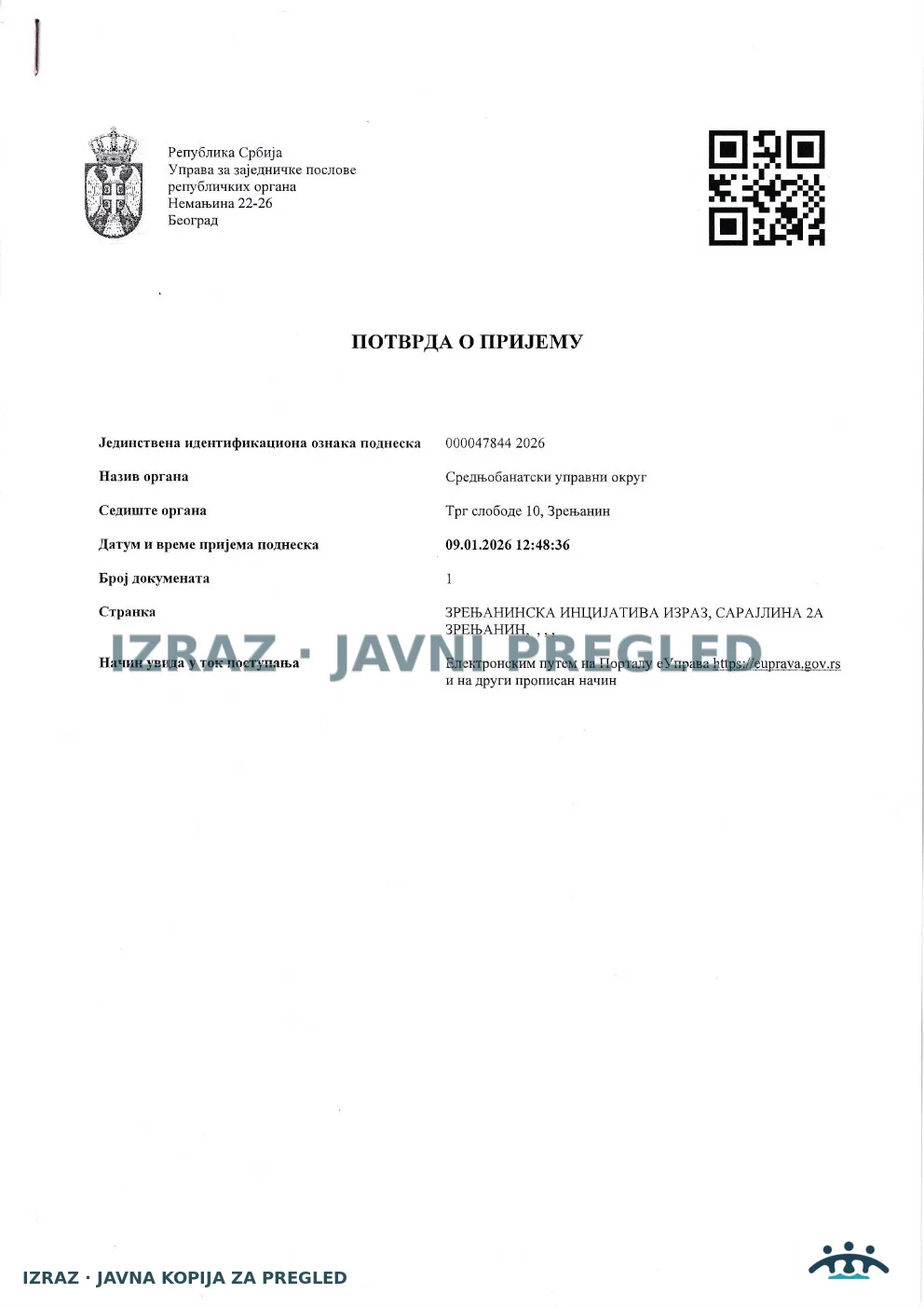 IZRAZ-Zahtev Sanitarnoj inspekciji-POTVRDA 09.01.2026, strana 1
