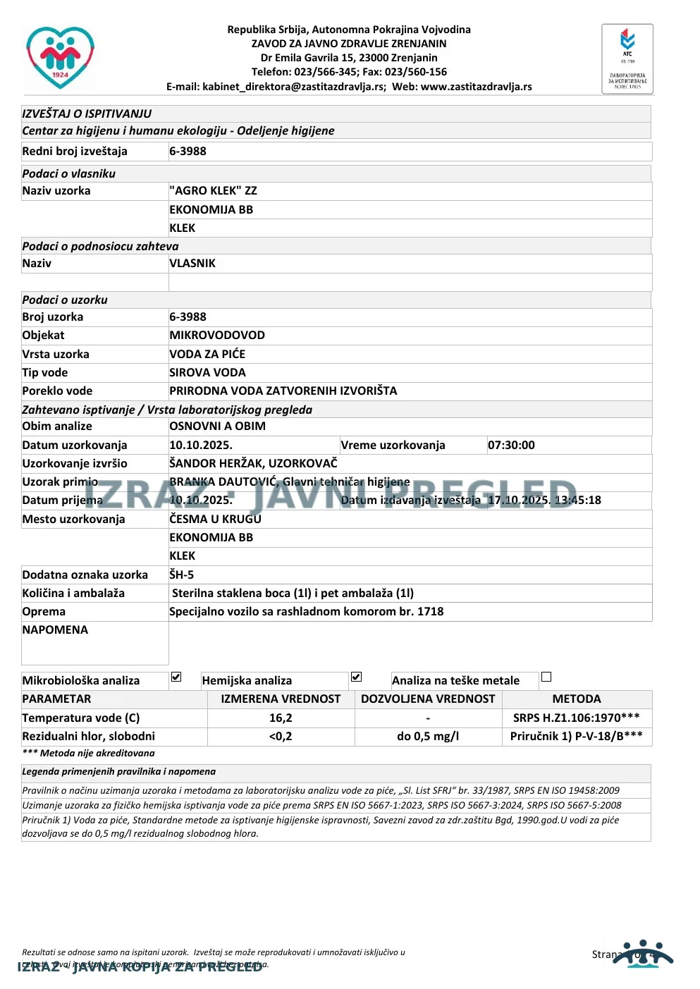 Izveštaj ZZJZ br. 3988 — Klek: ČESMA U KRUGU (10.10.2025.) — neispravan, strana 1