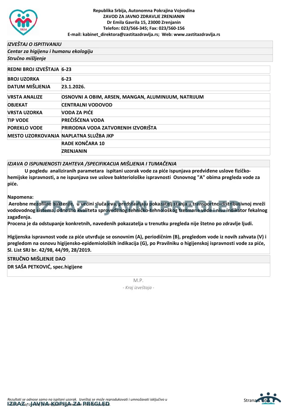 6-23 · Naplatna služba JKP VIK, Rade Končara 10 · uzorak 09.01.2026. · Stručno mišljenje, strana 1