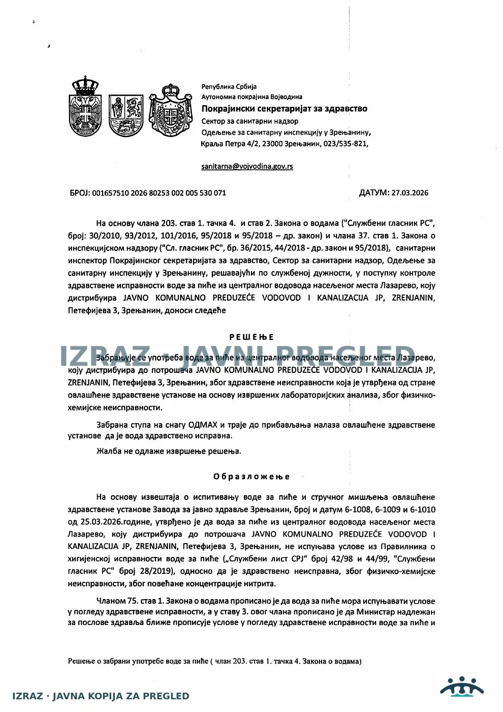 Zabrana vode za piće-Centralni vodovod LAZAREVO-Nitriti 27.03.2026, strana 1
