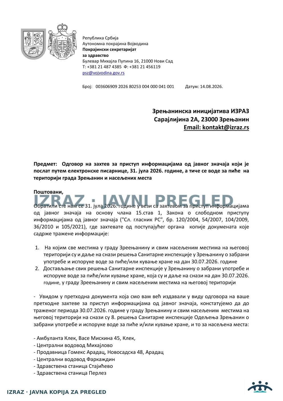 Zvanični odgovor Pokrajinskog sekretarijata — 14.08.2026., strana 1