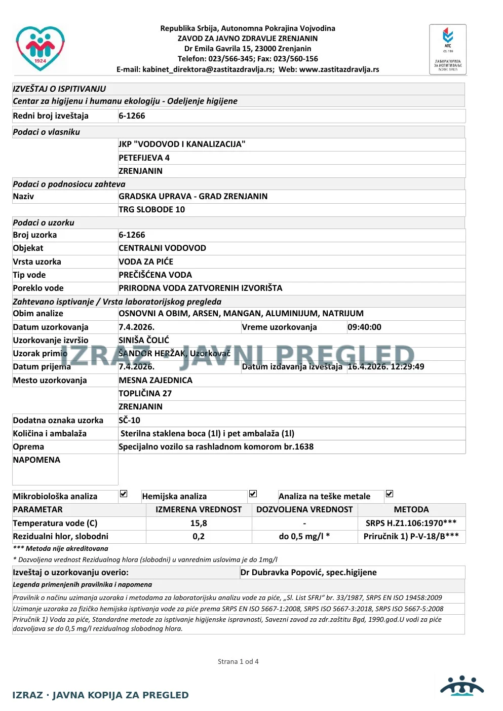 6-1266 · MZ Šumica, Topličina 27 · uzorak 07.04.2026. · Izveštaj i mišljenje, strana 1