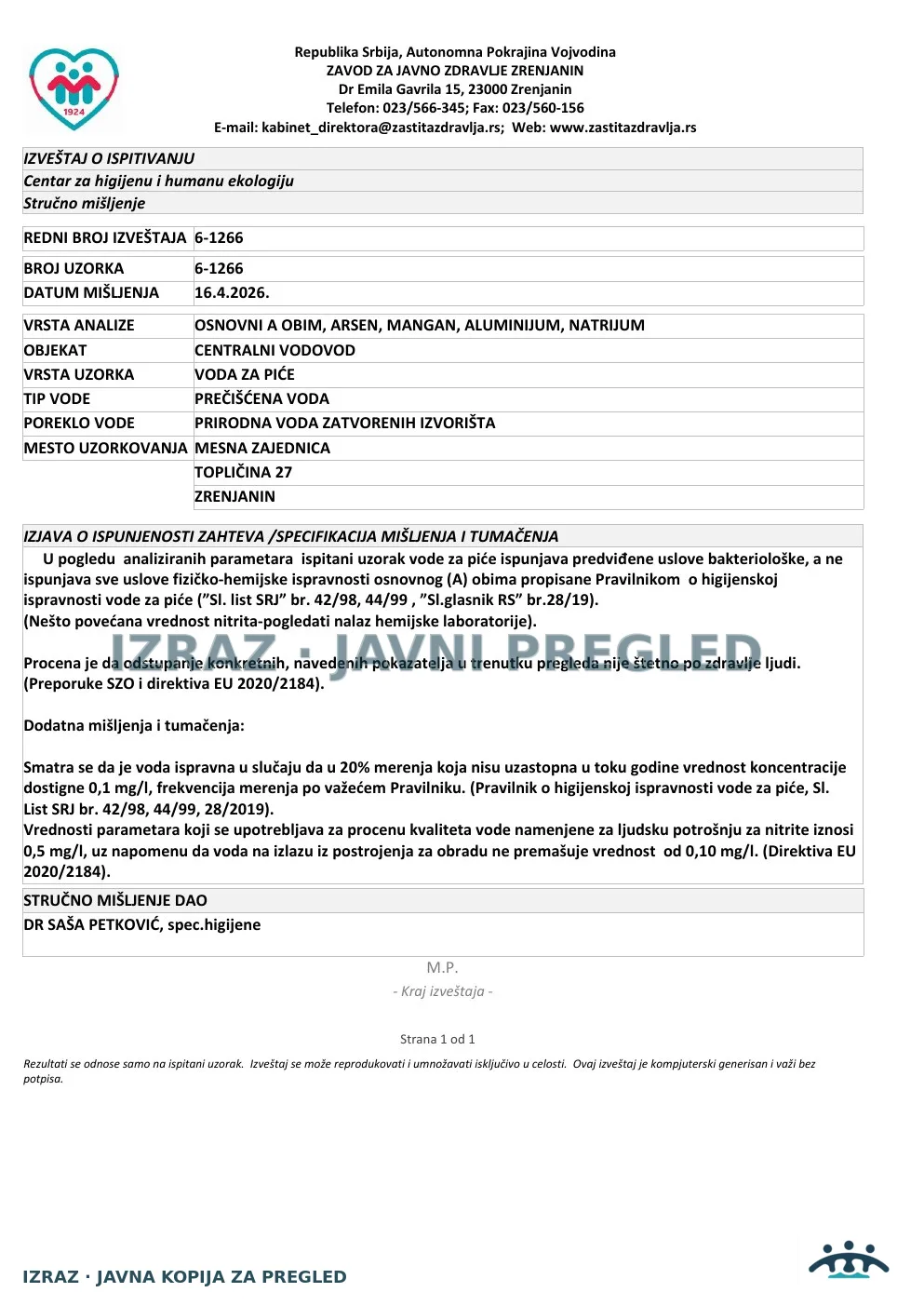 6-1266 · MZ Šumica, Topličina 27 · uzorak 07.04.2026. · Izveštaj i mišljenje, strana 5