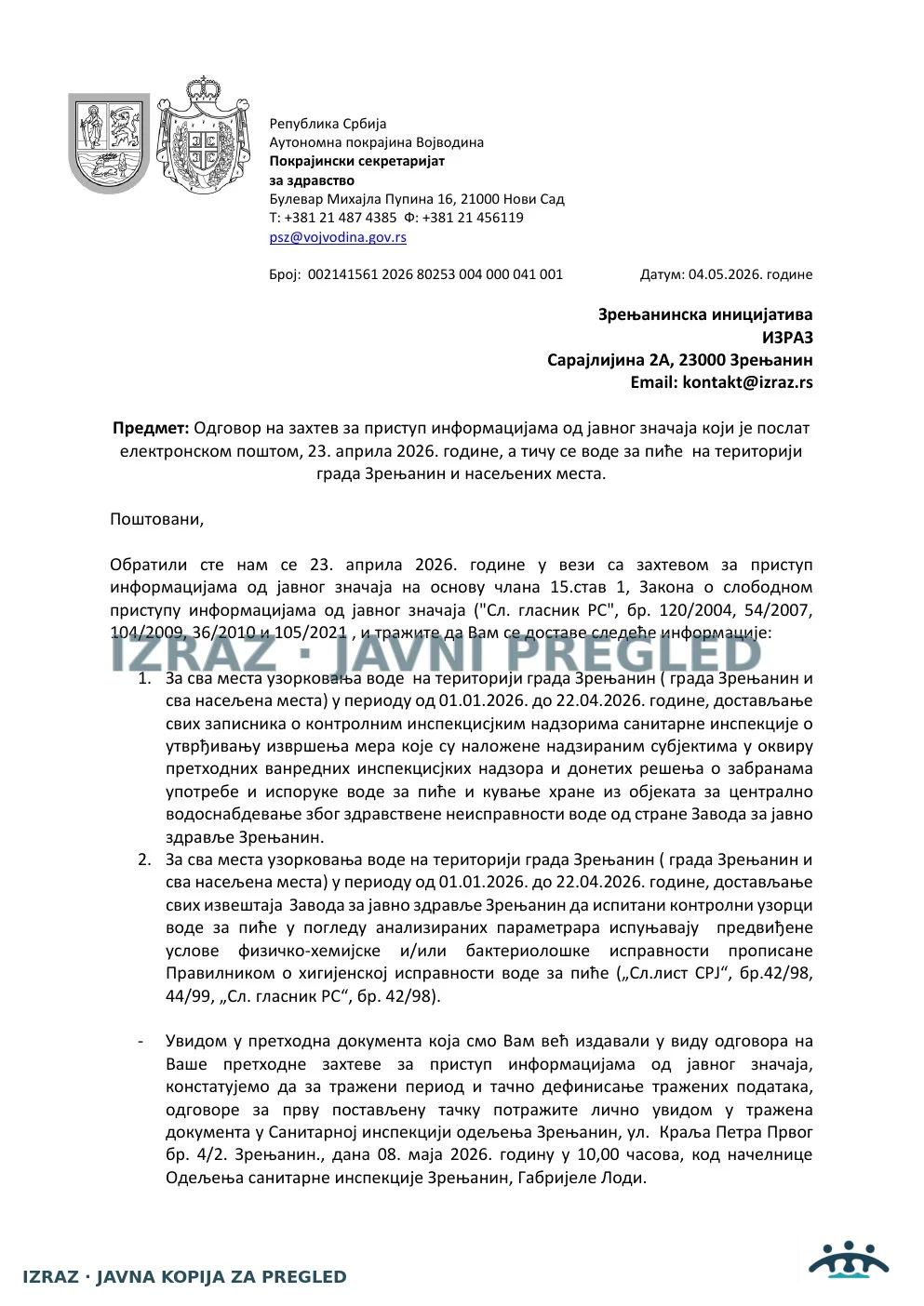 IZRAZ-Zahtev za informacijom Sanitarnoj inspekciji-KONTROLNI-ODGOVOR 04.05.2026, strana 1