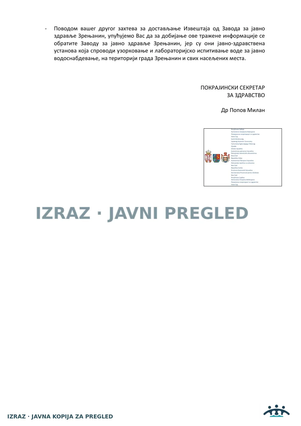 IZRAZ-Zahtev za informacijom Sanitarnoj inspekciji-KONTROLNI-ODGOVOR 04.05.2026, strana 2