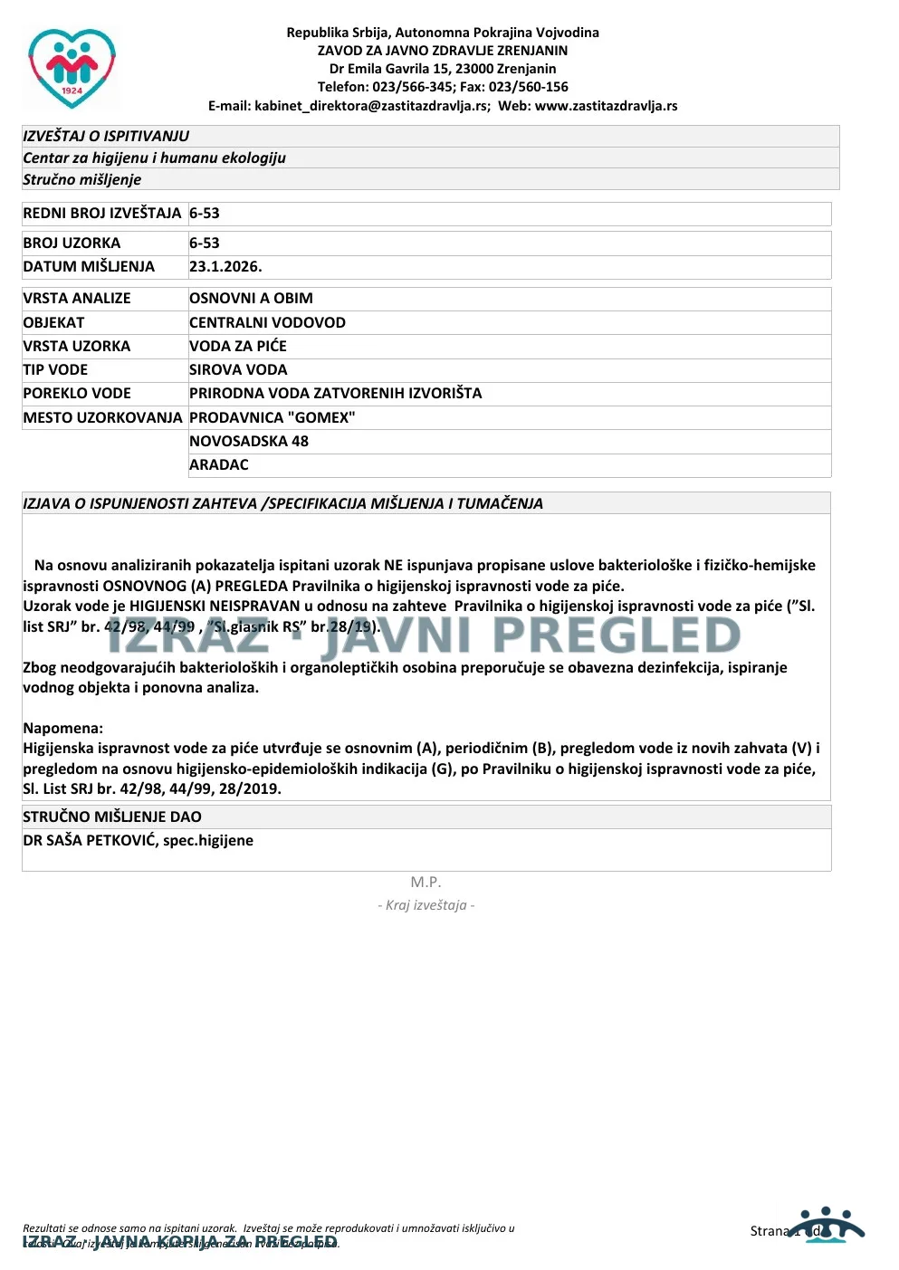 6-53 · Aradac, Prodavnica Gomex, Novosadska 48 · uzorak 14.01.2026. · Stručno mišljenje, strana 1