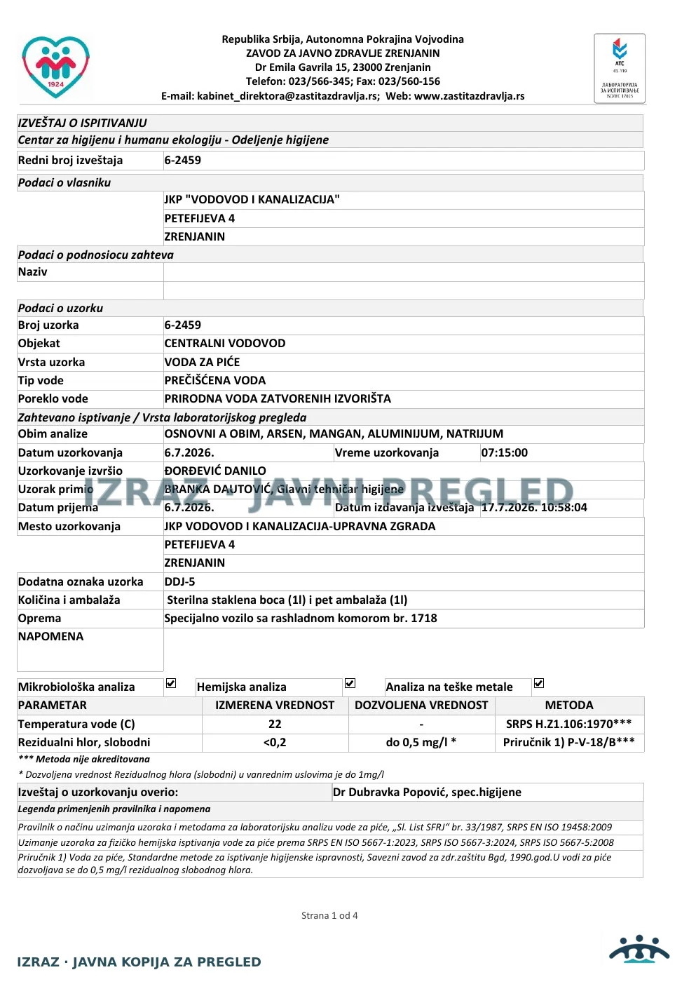 6-2459 · JKP VIK — upravna zgrada, Petefijeva 4 · uzorak 06.07.2026. · Izveštaj i mišljenje, strana 1