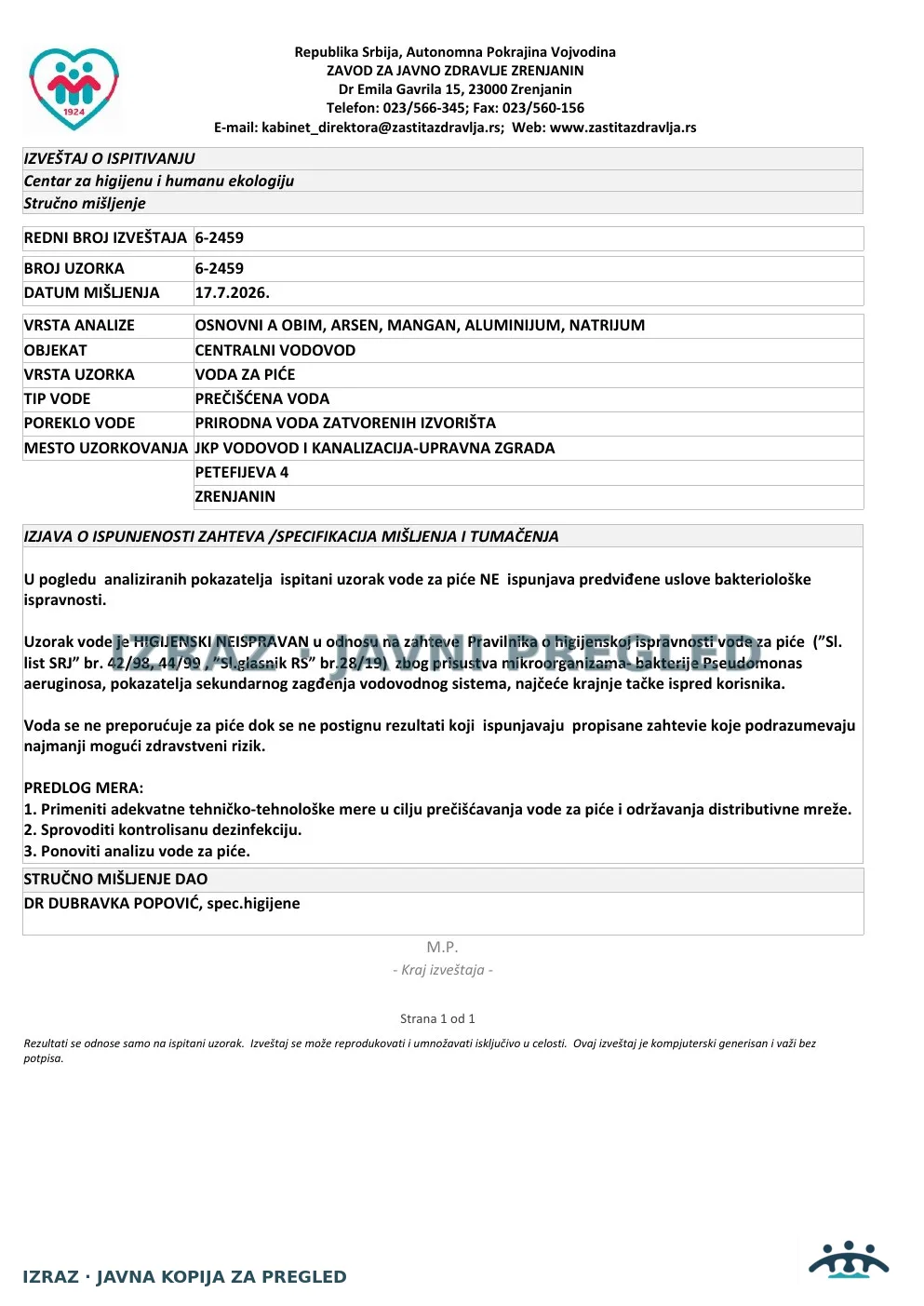 6-2459 · JKP VIK — upravna zgrada, Petefijeva 4 · uzorak 06.07.2026. · Izveštaj i mišljenje, strana 5
