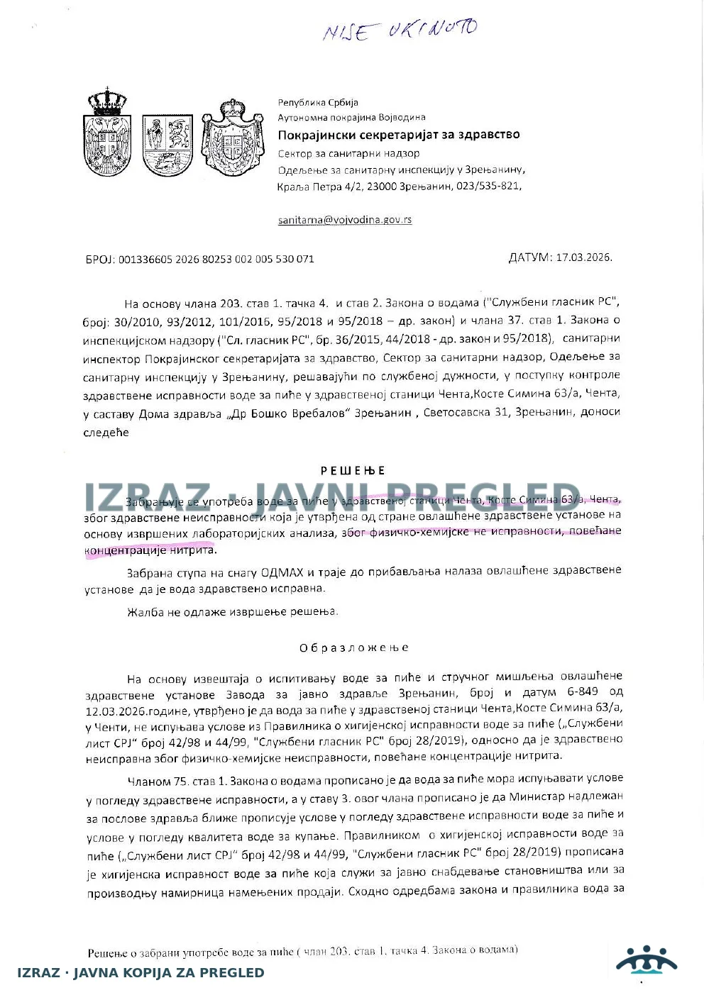 Zabrana vode za piće-Zdravstvena stanica CENTA-NITRITI-NA SNAZI 17.03.2026, strana 1