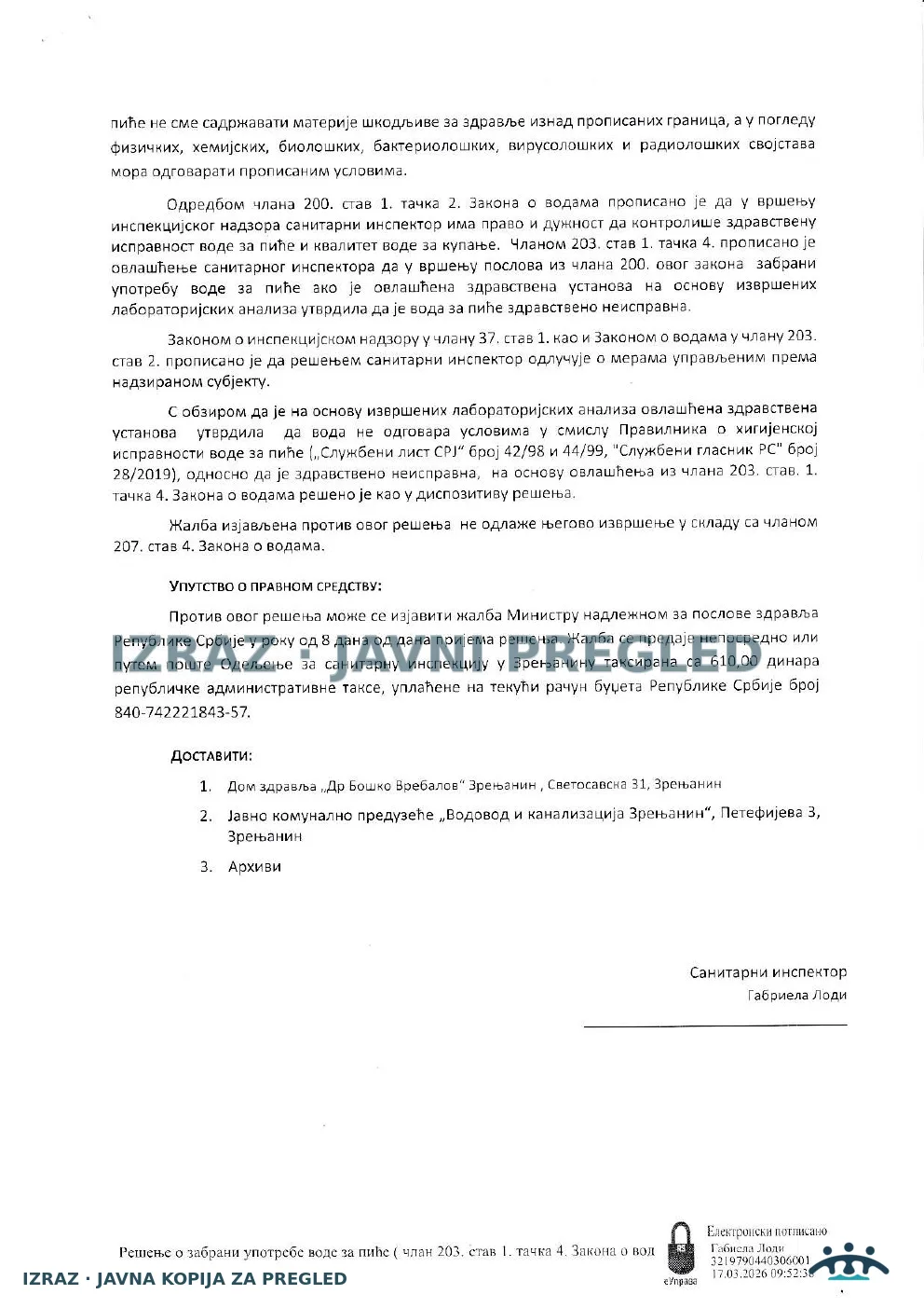 Zabrana vode za piće-Zdravstvena stanica CENTA-NITRITI-NA SNAZI 17.03.2026, strana 2