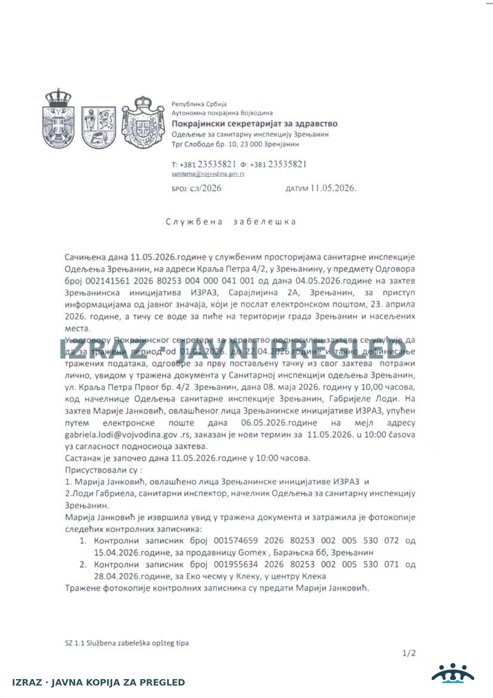 Službena beleška o sastanku sa Marijom Janković-IZRAZ 11.05.2026, strana 1