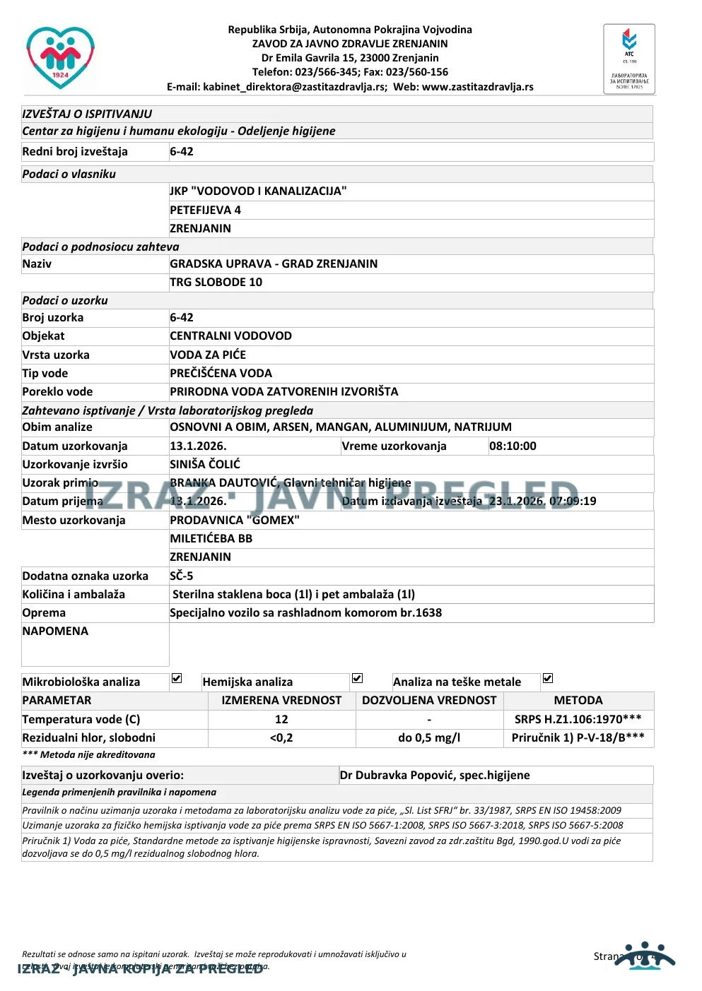 6-42 · Gomex, Miletićeva bb · uzorak 13.01.2026. · Laboratorijski izveštaj, strana 1