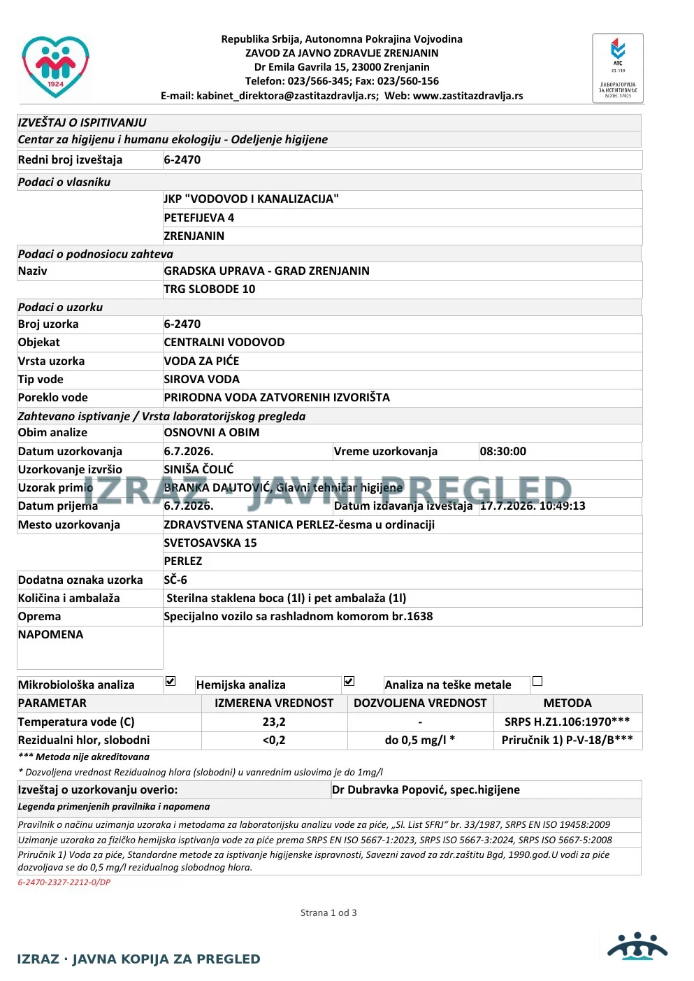 6-2470 · Perlez, Zdravstvena stanica — česma u ordinaciji, Svetosavska 15 · uzorak 06.07.2026. · Izveštaj i mišljenje, strana 1