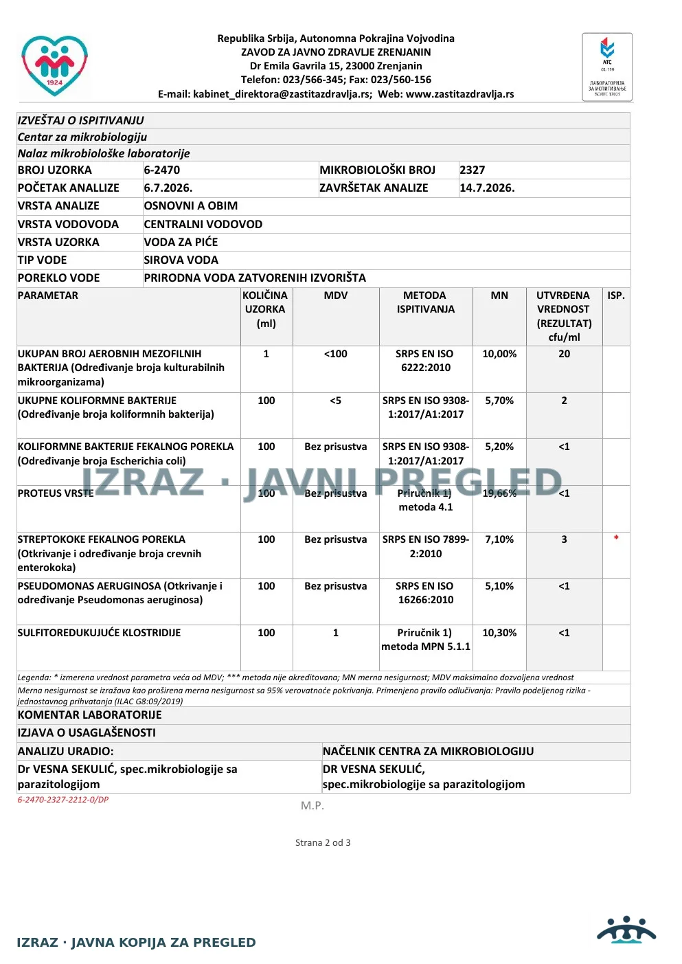 6-2470 · Perlez, Zdravstvena stanica — česma u ordinaciji, Svetosavska 15 · uzorak 06.07.2026. · Izveštaj i mišljenje, strana 2