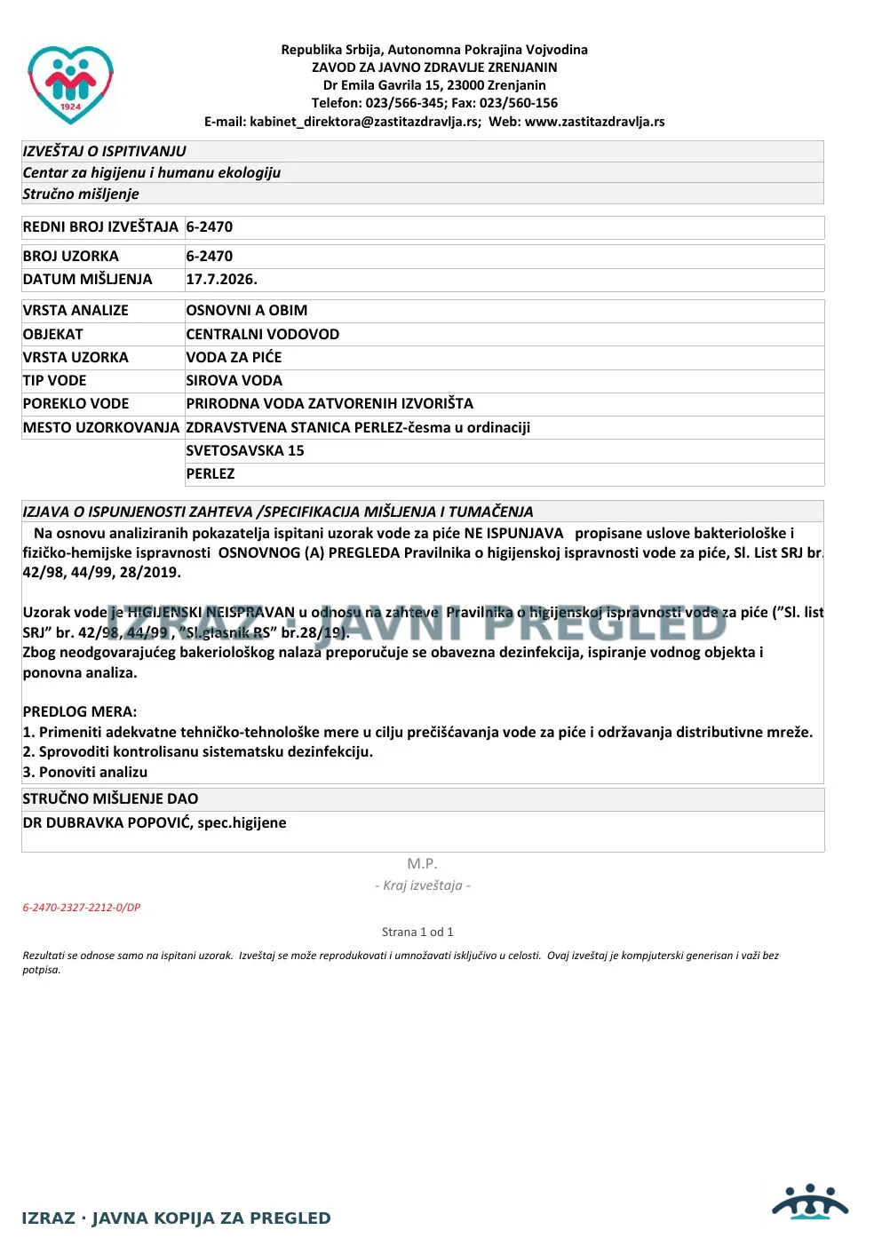 6-2470 · Perlez, Zdravstvena stanica — česma u ordinaciji, Svetosavska 15 · uzorak 06.07.2026. · Izveštaj i mišljenje, strana 4