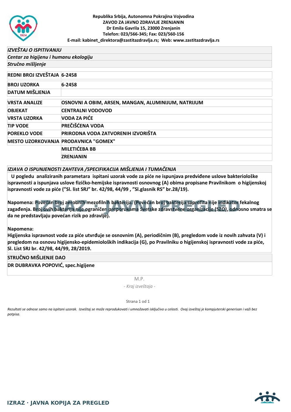 6-2458 · Gomex, Miletićeva bb · uzorak 06.07.2026. · Izveštaj i mišljenje, strana 5
