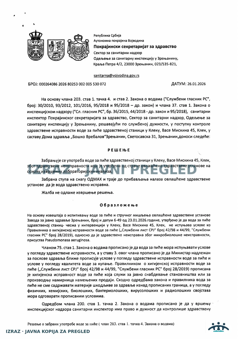 Klek-Zabrana upotrebe 2.PUT-Zdravstvena stanica-PSEUDOMONAS AERUGINOSA 26.01.2026, strana 1