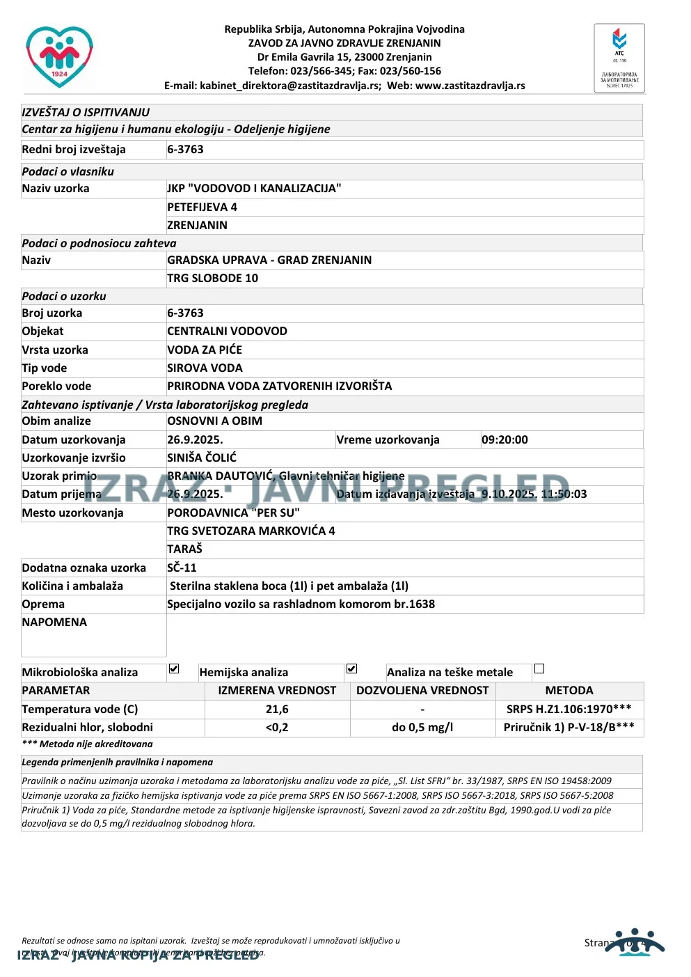 Izveštaj ZZJZ br. 3763 — Taraš: PORODAVNICA "PER SU" (26.9.2025.) — neispravan, strana 1