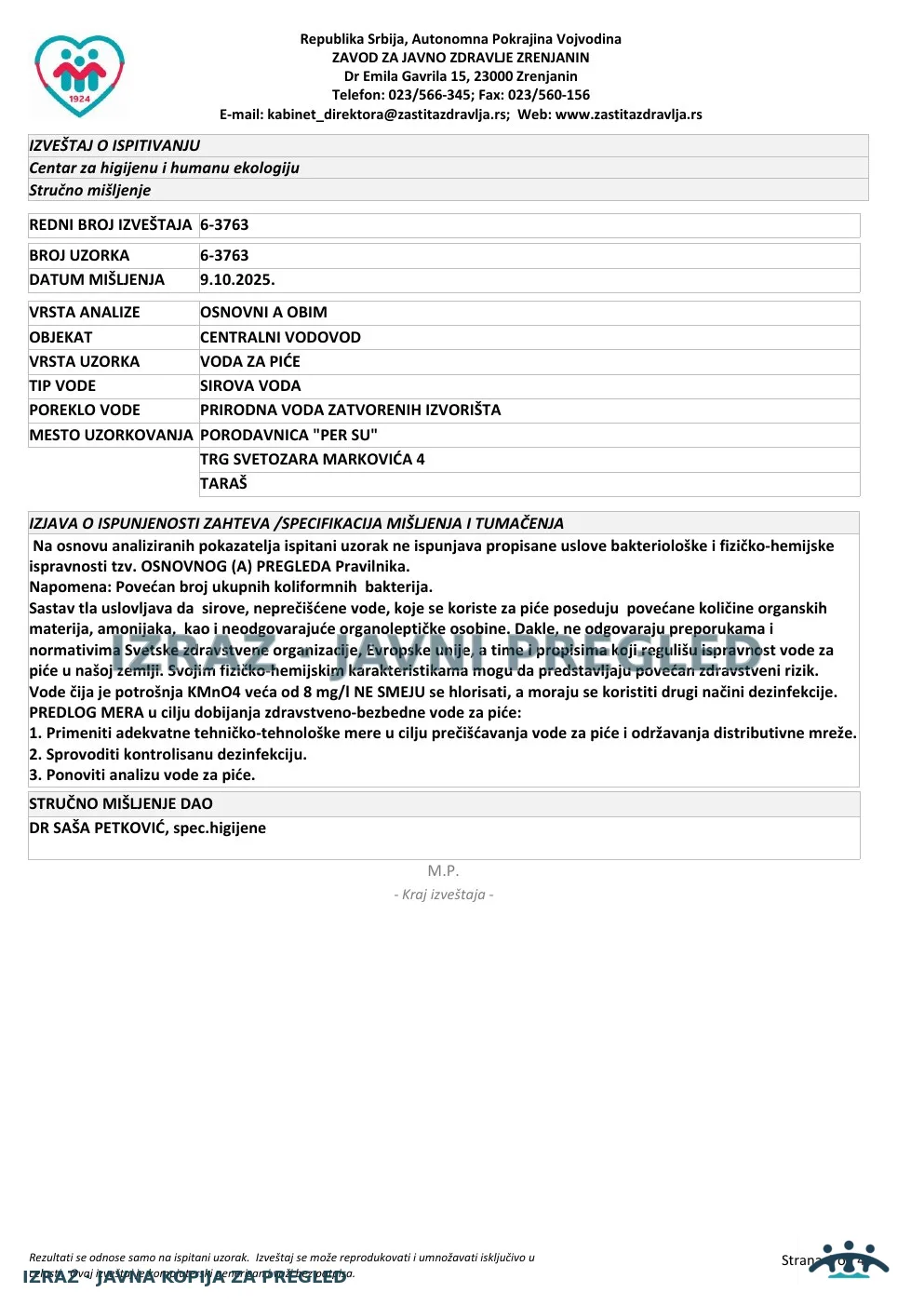 Izveštaj ZZJZ br. 3763 — Taraš: PORODAVNICA "PER SU" (26.9.2025.) — neispravan, strana 4