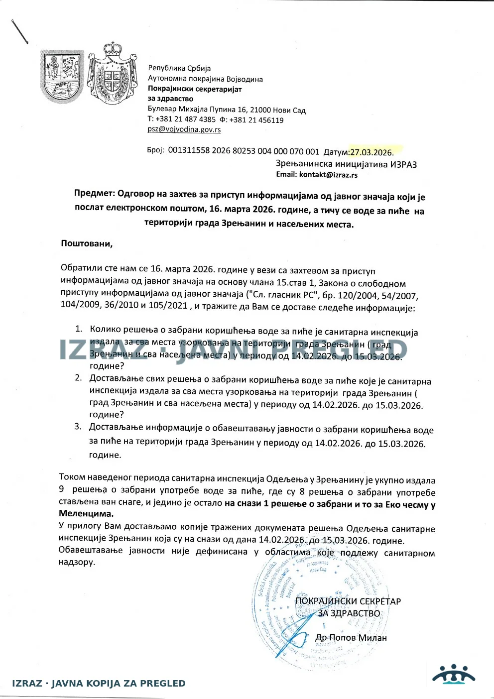 Zvanični odgovor Sanitarne inspekcije — 27.03.2026. — period 14.02–15.03.2026., strana 1