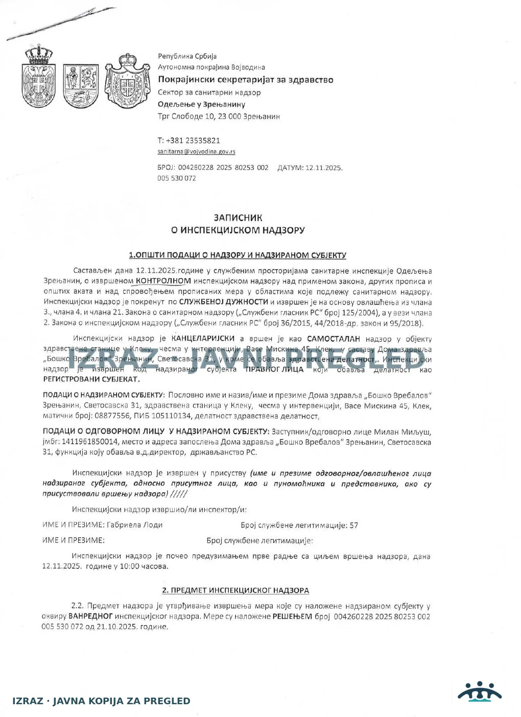 Zabrana vode za piće-Zdravstvena stanica KLEK-Kontrolni inspekcijski nadzor-12.11.2025, strana 1