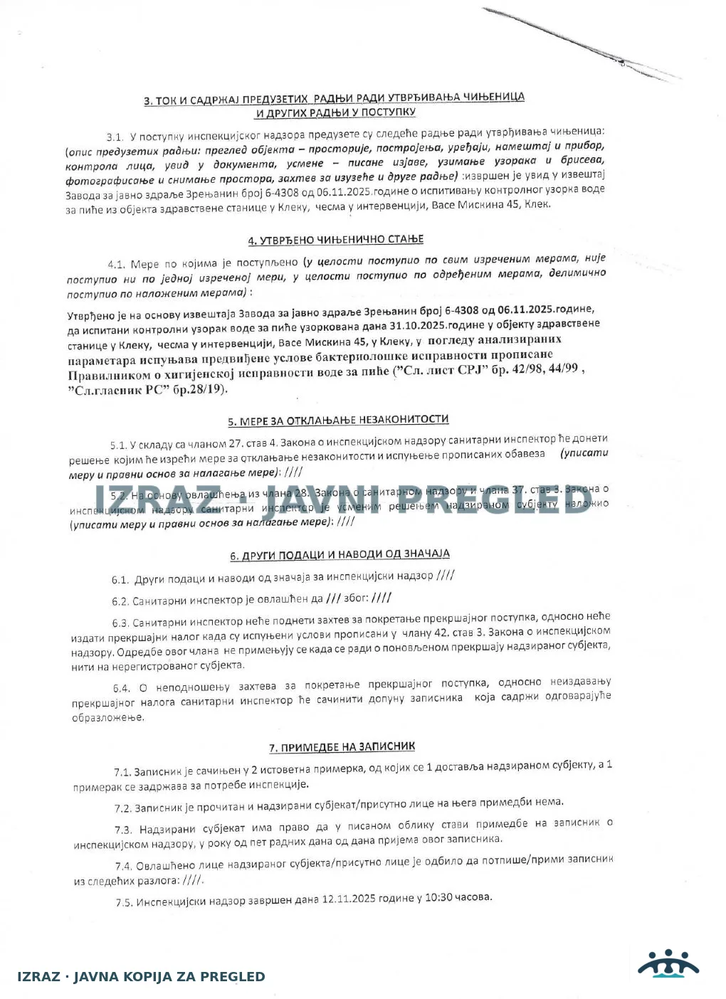 Zabrana vode za piće-Zdravstvena stanica KLEK-Kontrolni inspekcijski nadzor-12.11.2025, strana 2