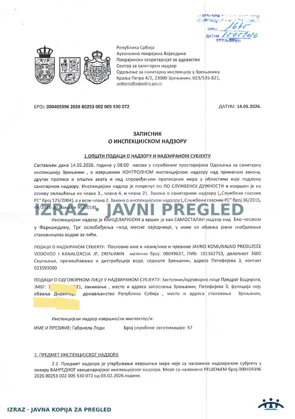 Farkaždin-Zabrana upotrebe-EKO ČESMA-ISPRAVNA-SAMO AMONIJAK 14.05.2026, strana 1