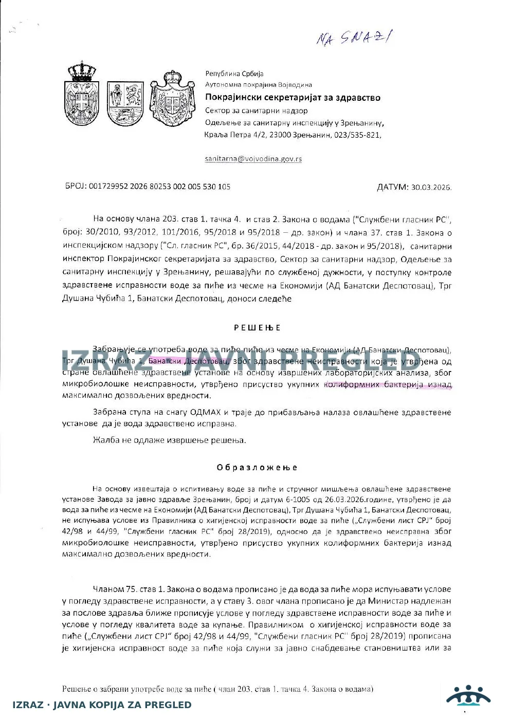 Zabrana vode za piće-Česma na Ekonomiji BAN DESPOTOVAC-KOLIFORMNE BAKTERIJE-NA SNAZI 11.05.2026, strana 1