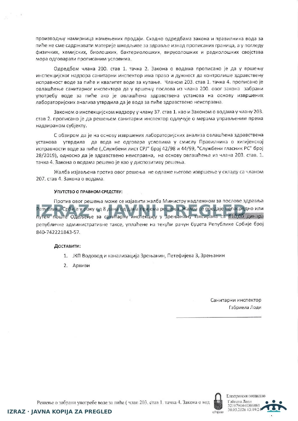Zabrana vode za piće-Česma na Ekonomiji BAN DESPOTOVAC-KOLIFORMNE BAKTERIJE-NA SNAZI 11.05.2026, strana 2
