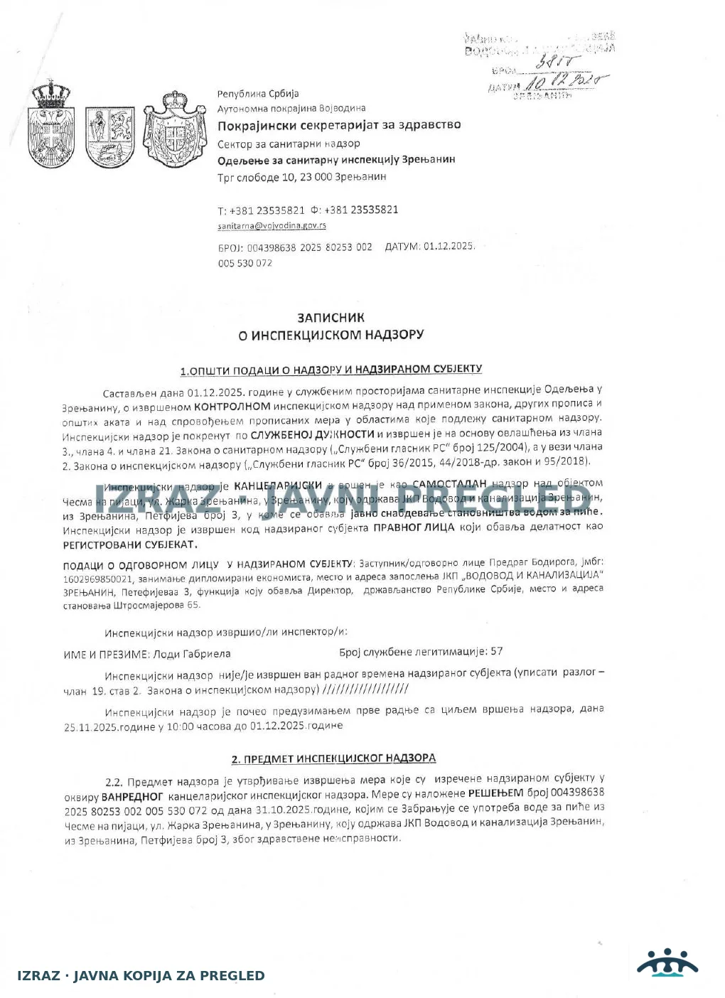 Zabrana vode za piće-Česma na pijaci-Kontrolni inspekcijski nadzor-01.12.2025, strana 1