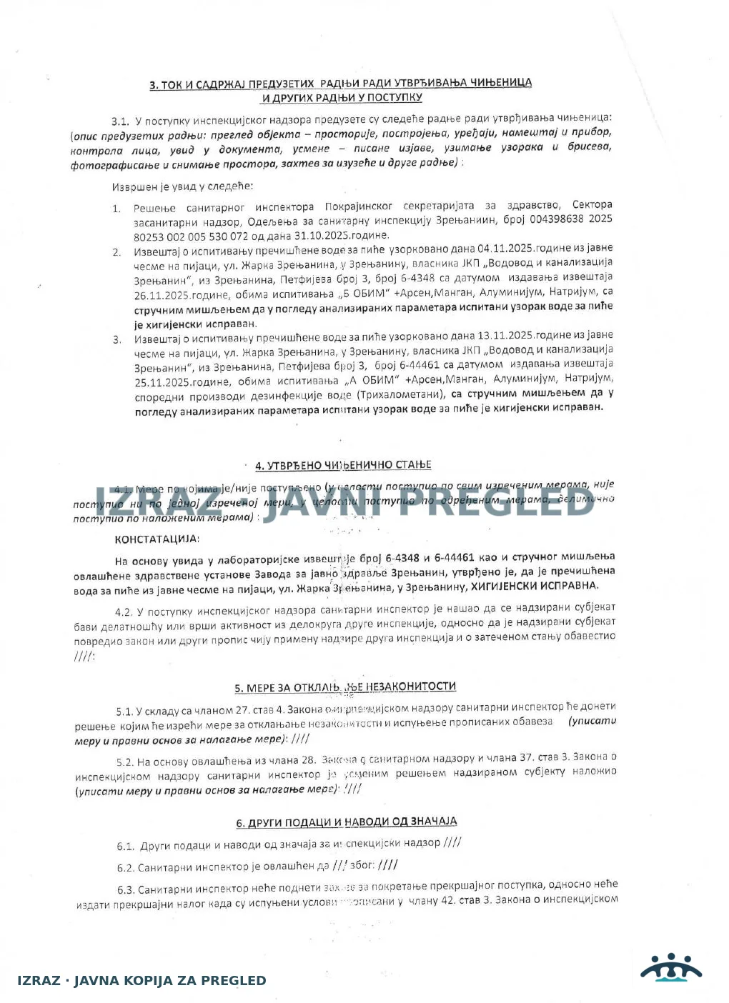 Zabrana vode za piće-Česma na pijaci-Kontrolni inspekcijski nadzor-01.12.2025, strana 2